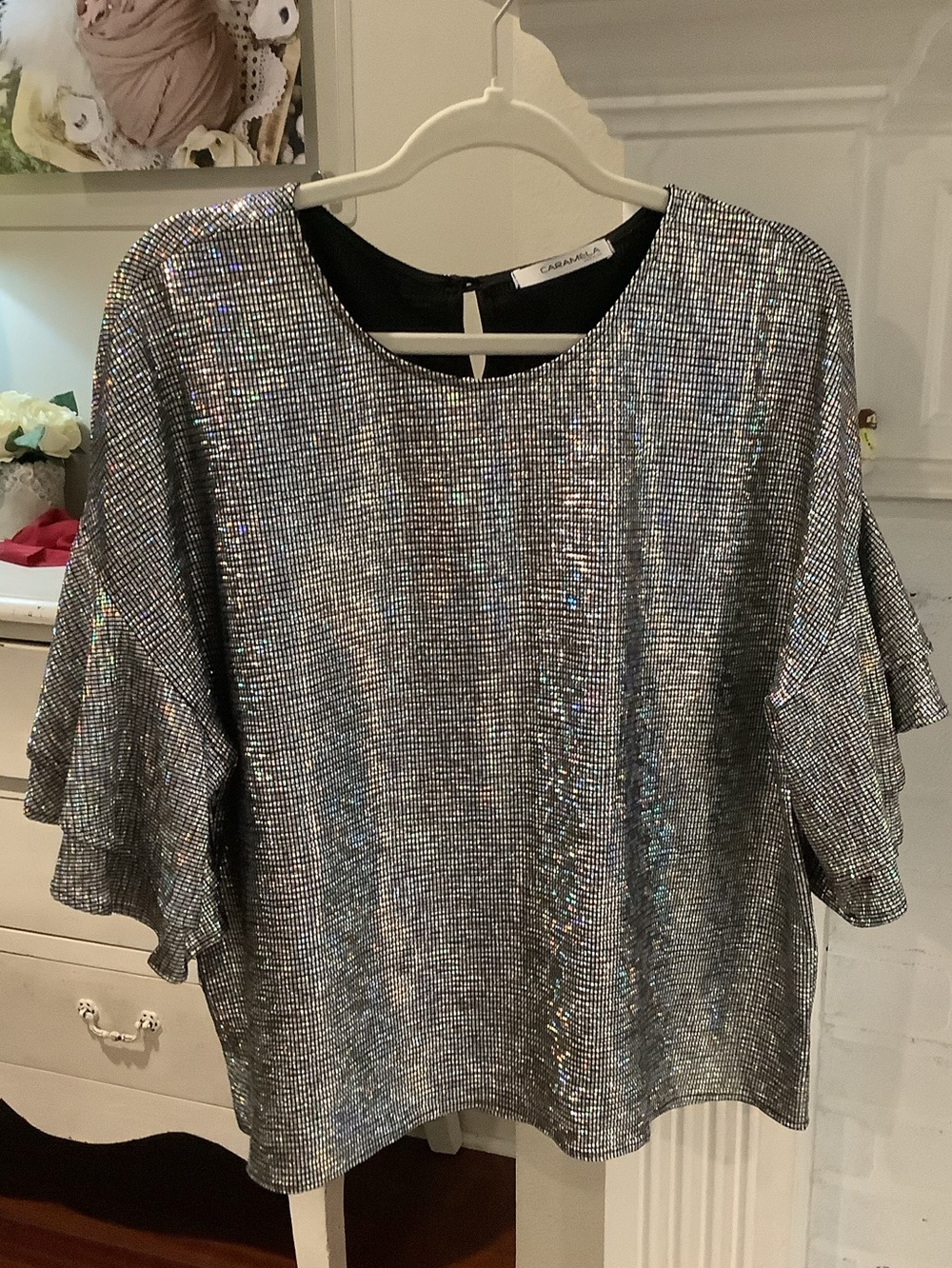 Metallic Silver Sequin Ruffle Sleeve Blouse